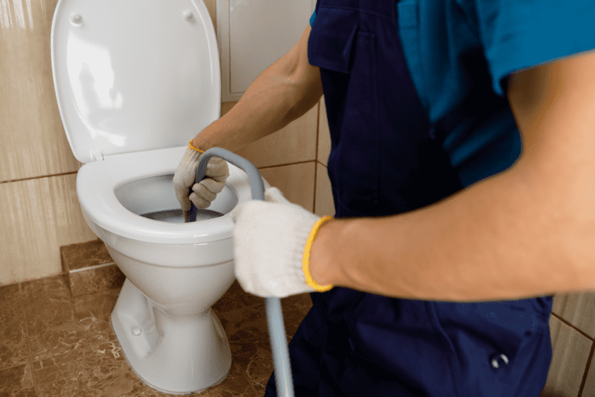 Toilet wordt ontstopt door loodgieterscollectief